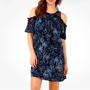 LC Lauren Conrad Navy Blue Cold Shoulder Ruffle Dress